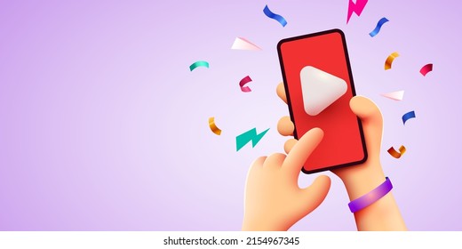 Hand holding phone with video player. Video streaming and vlog concept. Vector illustration for web sites and banners design