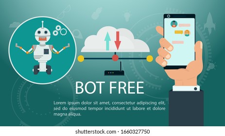 Hand holding phone, virtual chatbot, website or mobile app, artificial intelligence concept, flat vector illustration, for design design, EPS 10