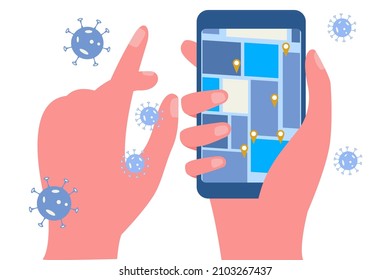 hand holding phone virus tracking location apps on the phone 
