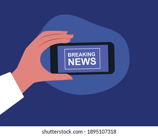 Hand holding phone, watching breaking news from smartphone isolated background. Modern Vector illustration cartoon flat style.