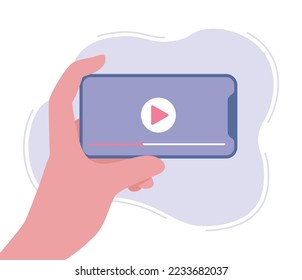 Hand holding phone watching video streaming online on social media. smartphone with video player on screen. Watch movies, educational materials, web courses. Vector illustration