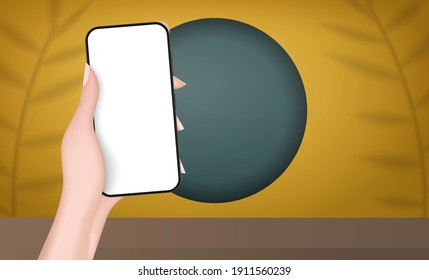 The hand is holding a phone with a white screen. Yellow room with design background and empty shelf. Yellow studio background space with leaf shadows. Vector. Realistic style.