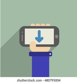 Hand holding a phone whith arrow down 