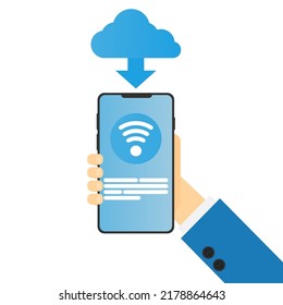 Eine Hand, die ein Telefon mit Wi-Fi und eine Cloud hält. Vektorgrafik