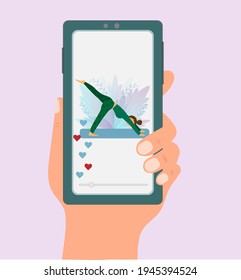 A hand holding phone, yoga on line conception, yoga classes app, flat vector illustration