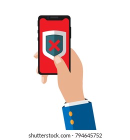 Hand holding phone.Flat design. Concept of technologies.  Data Protection. Unsecure network.