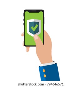 Hand holding phone.Flat design. Concept of technologies. Data protection.Personal information.  Vector illustration. 