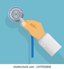 Hand holding phonendoscope vector flat design.