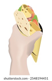Hand holding a piadina filled with ham, cheese, lettuce and tomato, isolated on white background