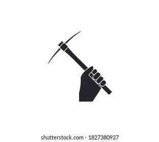 Hand holding pickaxe icon. Vector illustration, flat design.