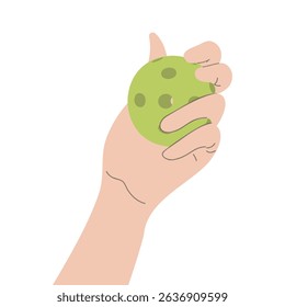 Hand holding pickleball ball isolated on white background. Sport competition. Athletic game playing. Flat vector illustration for digital graphic and print