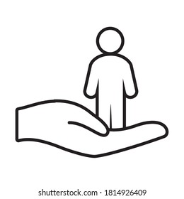 hand holding a pictogram man icon over white background, line style, vector illustration