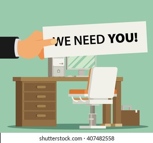 Hand holding a piece of paper with text We Need You, table with computer vector illustration