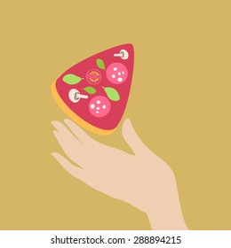 A hand holding a piece of pizza