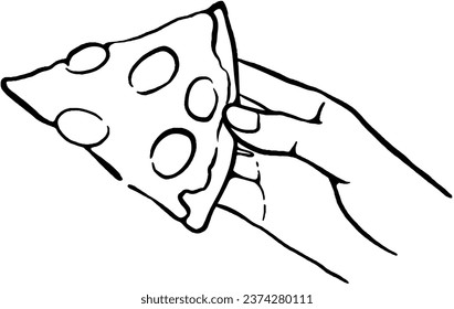 Hand holding a piece of pizza. Piece of pizza fast food , outline sketch. Fast food concept. Vector illustration.