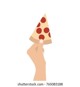 Hand holding a piece of pizza, vector illustration design. Hands collection.