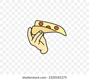 Hand holding a piece or slice of pizza, pizzeria, colored graphic design. Food, meal, eat, eating, eatery, canteen and catering, vector design and illustration