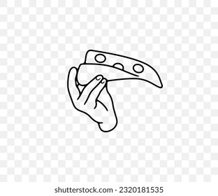 Hand holding a piece or slice of pizza, pizzeria, linear graphic design. Food, meal, eat, eating, eatery, canteen and catering, vector design and illustration