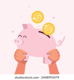 Hand holding a pig bank, Saving money. Money piggy with falling gold coins. Cash vector business concept. 