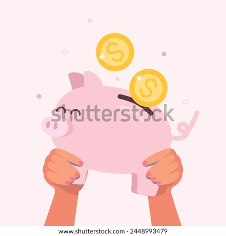 Hand holding a pig bank, Saving money. Money piggy with falling gold coins. Cash vector business concept. 