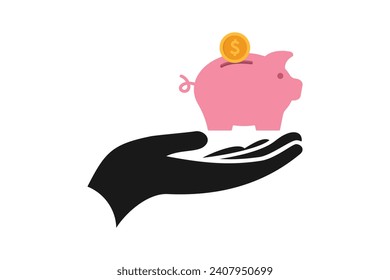 Hand holding piggy bank with dollar coin icon. Vector illustration	