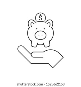 Hand holding piggy bank line icon on white background