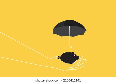 Hand Holding An Piggy Bank With Umbrella Protection. Investing And Saving Money During The Rainy Season Concept, Object On Marble Table Top Counter