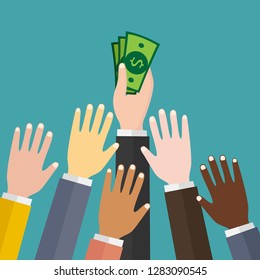 Hand holding pile of cash money. Award, victory, champion achievement. Vector illustration in flat style.