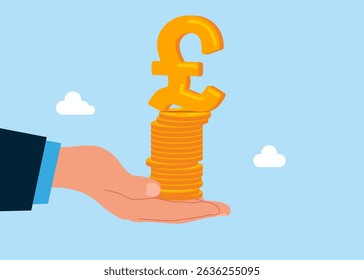 Hand holding pile of coins and pound sterling sign. Business strategy, investment, wealth, management, marketing. British money. Currency. Flat vector illustration