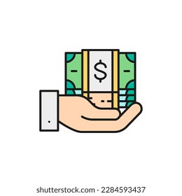 Hand holding pile of money banknotes color lineal icon. Cash payment, paper bill, dollar symbol design.