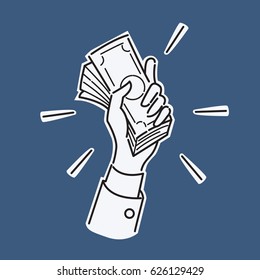 Hand holding pile of money banknotes, business concept in wealthy, rice, payment, cash, or trading. 