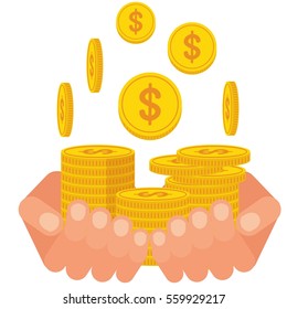 Hand holding pile of money coins. Symbol of wealth, success and good luck. Bank and Finance. Flat vector cartoon illustration. Objects isolated on a white background.