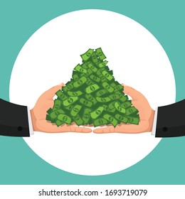 Hand holding pile pile of money, illustration vector cartoon