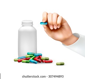 Hand holding a pill and a bottle of pills. Vector.