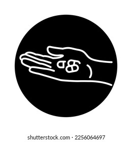 Hand holding a pill color line icon. Pictogram for web page, mobile app, promo.