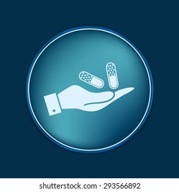 hand holding a pill tablet sign. symbol of medicine and health. icon pills and tablets .