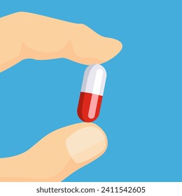 Hand holding pill. Treatment with pharmaceutical drugs or dietary supplements concept. Vector cartoon illustration.