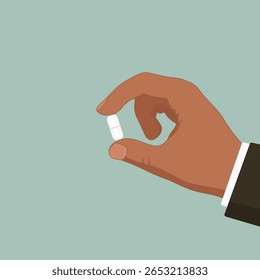 Mão segurando vetor de pílula. Ilustração de medicação delicada para conceitos relacionados com comunicação de bem-estar, embalagem de farmácia, aplicações de saúde e educação médica