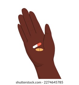 Hand holding pills, drugs, vitamins. Medicines. Healthcare and medicine concept. Simple flat minimalist style.