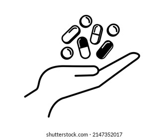 Hand holding pills, tablets, black and white sketch style. Vector illustration on white background. Hand drawn hands holding piles of pills, capsules, tablets in open palm