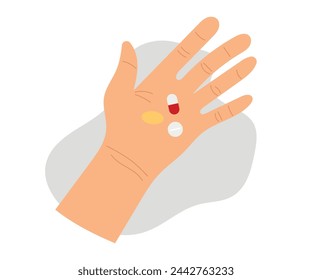 Hand holding pills, top view. Pills lying in a person hand, taking medications. Vector illustration of medical treatment concept and Healthcare. Taking medications.