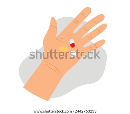 Hand holding pills, top view. Pills lying in a person hand, taking medications. Vector illustration of medical treatment concept and Healthcare. Taking medications.