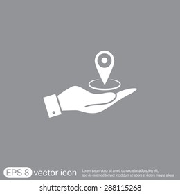 hand holding a pin location on the map. local pin