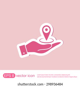 hand holding a pin location on the map. local pin