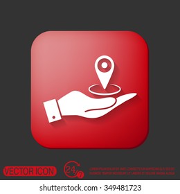 hand holding a pin location on the map. local pin