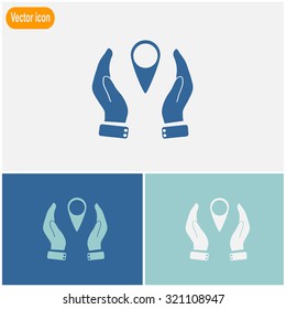 Hand holding a pin location vector icon.