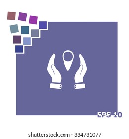 Hand holding a pin location vector icon.