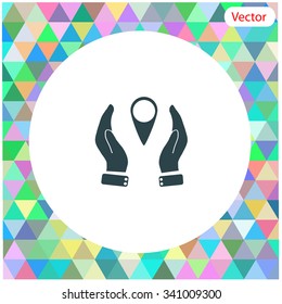 Hand holding a pin location vector icon.