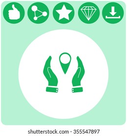 Hand holding a pin location vector icon.