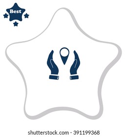 Hand holding a pin location vector icon.